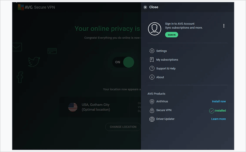 Интерфейс приложения AVG Secure VPN