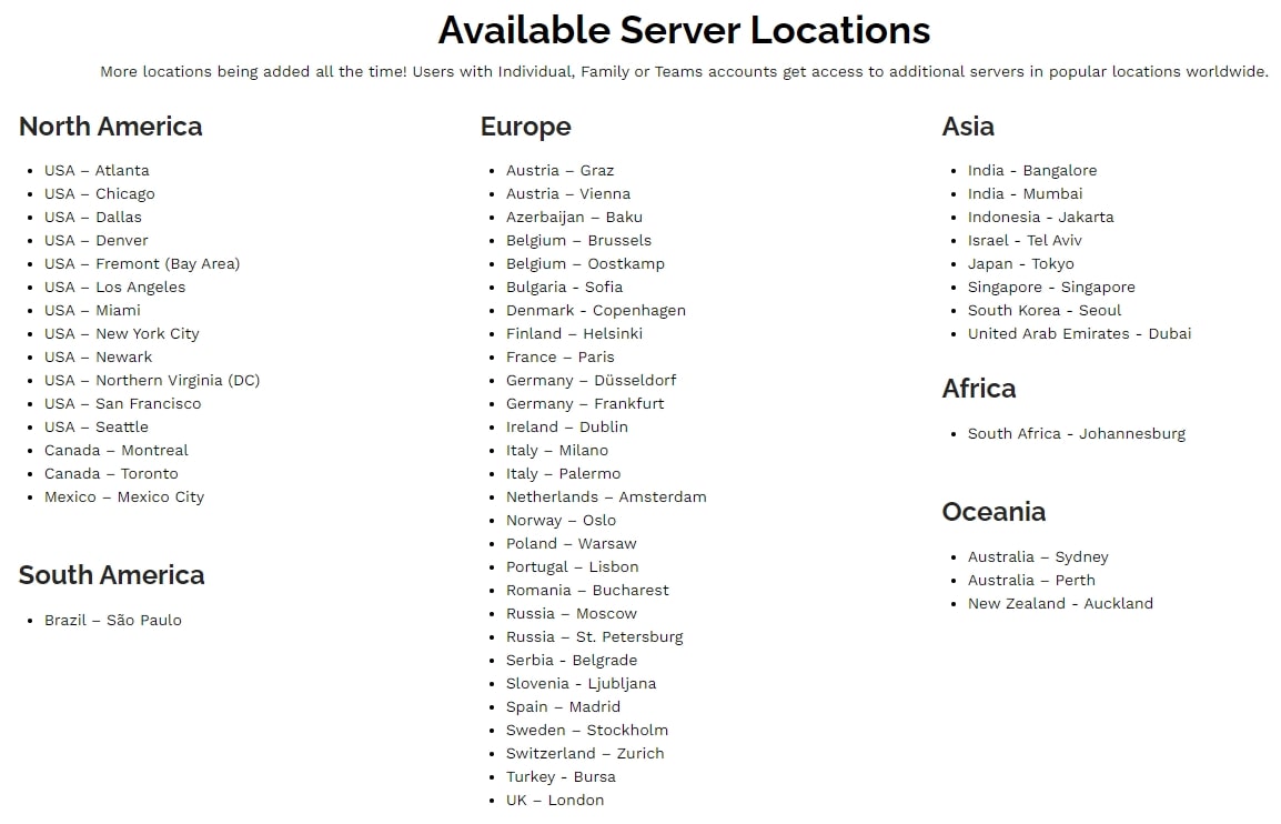 Сервера и доступные страны в Speedify