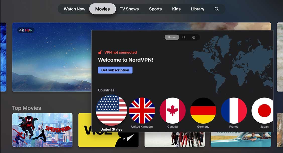 Выбор серверов в приложении NordVPN на Apple TV